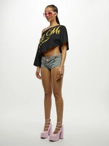 SUMWON WOMEN Cropped Off-Shoulder Graphic Tee With Bold Script Print And Short Sleeve Festival Style Top - Black - View 4
