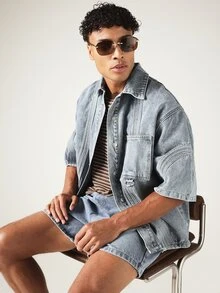 SUMWON Oversized Short Sleeve Denim Shirt With Decorative Seam Detail And Chest Pocket For Summer - Blue - View 7
