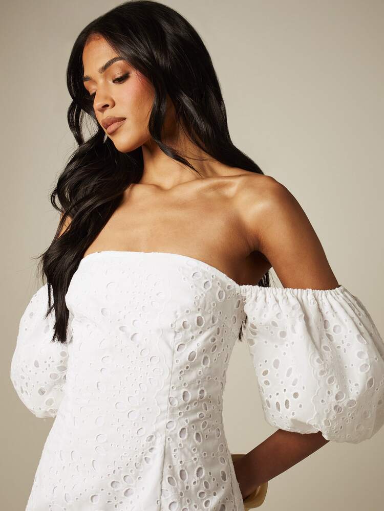 MISSGUIDED Off-Shoulder Broderie Anglaise Mini Dress With Puff Sleeves