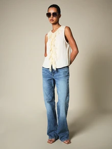 KSTM Elegant Sleeveless Blouse With Lace Fringe Ruffle Front Detail V-Neck Lightweight Summer Party Top - Yellow - View 3
