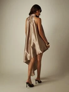 MISSGUIDED Satin High Neck Halter Tie Back Asymmetric High Low Mini Dress Sleeveless Loose Fit Party Evening - Khaki - View 2