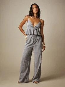 MISSGUIDED Bộ đồ hai mảnh họa tiết kẻ caro gồm áo hai dây buộc phía trước và quần ống rộng, thích hợp cho kỳ nghỉ hè. - Đen và trắng - Xem 5
