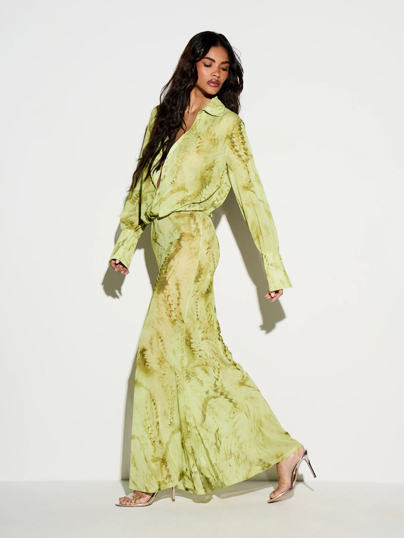 Abstract Printed Button Front Maxi Shirt Dress