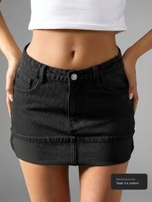 MISSGUIDED Rigid Denim Mini Skirt With Folded Waistband Low Rise Five Pocket Festival Summer Style - Black - View 7