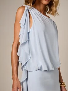 AiiRZ Đầm ngắn lệch vai dáng suông với chi tiết bèo nhún, phần thân trên kiểu blouson và chân váy ôm sát, thích hợp cho tiệc mùa hè. - Màu xanh lam - Xem 4