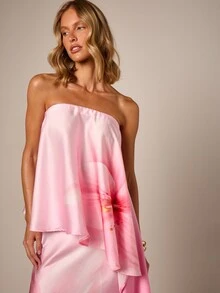 AiiRZ Strapless Bandeau Top With Ombre Hibiscus Floral Print Flowy Overlay Summer Vacation Beach Style - Pink - View 4