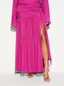 KIZN Chiffon Wrap Maxi Dress With Deep V-Neck, Bell Sleeves, Ruched Waist, High Slit, Party Evening Occasion - Hot Pink - View 4