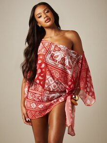 MISSGUIDED Bộ bikini/áo khoác ngoài đi biển bằng chiffon in họa tiết Paisley, một vai, kèm váy ngắn quấn, thích hợp cho kỳ nghỉ hè. - Nhiều màu - Xem 3