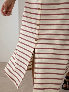 ELLERISSA Plus Size Pink & Cream Stripe Round Neck Sleeveless Front Button Waffle Knit Midi Dress - Pink - View 6