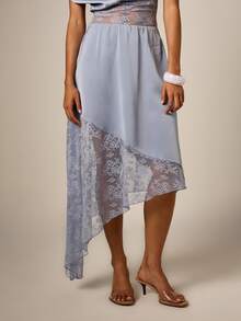 AiiRZ Asymmetric Lace Panel Satin Midi Maxi Dress With One Shoulder Cowl Neckline And High Low Hem Evening Wedding Guest - Blue - View 4