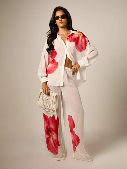 AiiRZ Wide Leg Floral Chiffon Trousers With Hibiscus Placement Print Elastic Waist Summer Beach Vacation Palazzo Pants