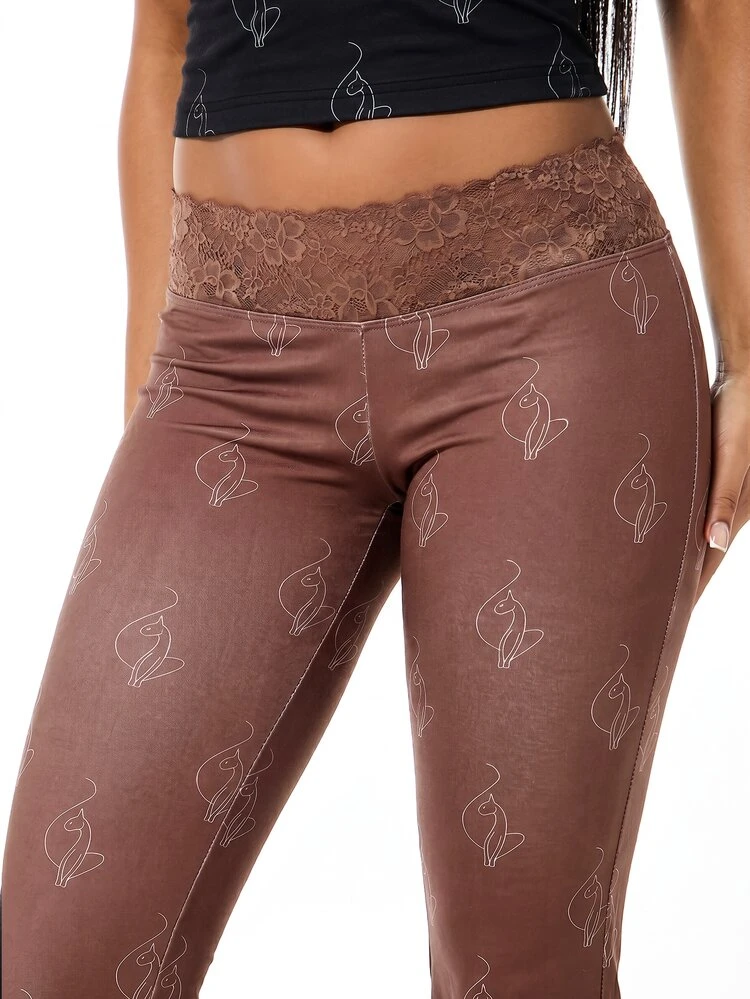 BABYPHAT Leggings évasés imprimés AOP avec taille en dentelle, pantalon en jersey stretch à pattes d'éléphant rétro