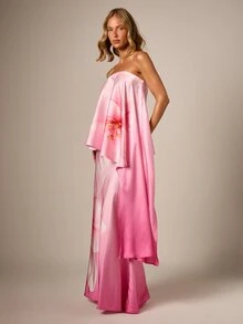 AiiRZ Strapless Bandeau Top With Ombre Hibiscus Floral Print Flowy Overlay Summer Vacation Beach Style - Pink - View 5