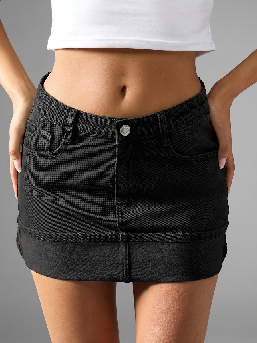 MISSGUIDED Rigid Denim Mini Skirt With Folded Waistband Low Rise Five Pocket Festival Summer Style - Black - View 1