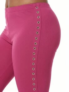 SUMWON WOMEN Capri Leggings With Silver Eyelet Grommet Detail Side Trim Stretch Jersey Cropped Pants - Hot Pink - View 5