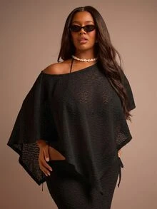 FASHION SZN 大尺碼女款細針織沙灘披肩輕量沙灘罩衫，僅上衣，裙子另售，Curve 系列，白色寬鬆遮陽罩衫，優雅時尚休閒，適合夏季度假、沙灘俱樂部、Ibiza 波希米亞風音樂節 - 黑色 - 查看 3