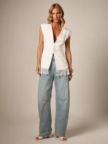 AiiRZ Sleeveless Lace Trim Blazer Vest Deep V-Neck Button Front Structured Shoulder Elegant Evening Spring Summer Jacket - White - View 5