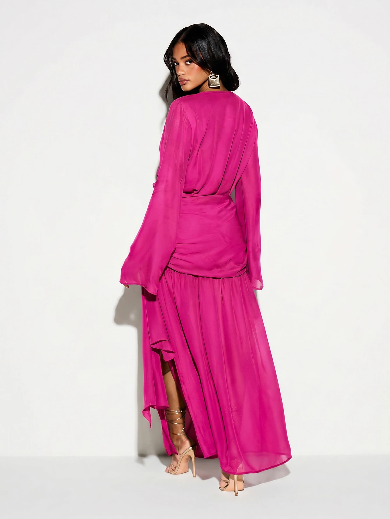 KIZN Chiffon Wrap Maxi Dress With Bell Sleeves And High Slit