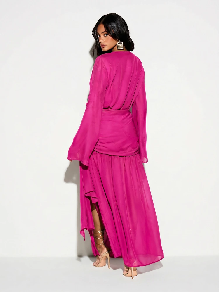 KIZN Chiffon Wrap Maxi Dress With Deep V-Neck, Bell Sleeves, Ruched Waist, High Slit, Party Evening Occasion