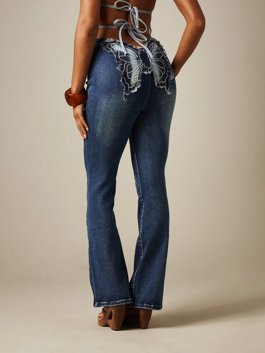 MISSGUIDED High-Rise Bootcut Flare Jeans With Butterfly Applique Back Detail And Rhinestone Studded Denim Waistband - Blue - View 1