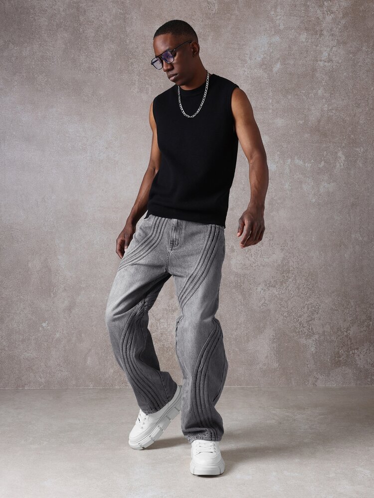 Loose Fit Seamed Denim Jeans With Curved Stitch Detail Wide Leg Relaxed Street Style Trousers