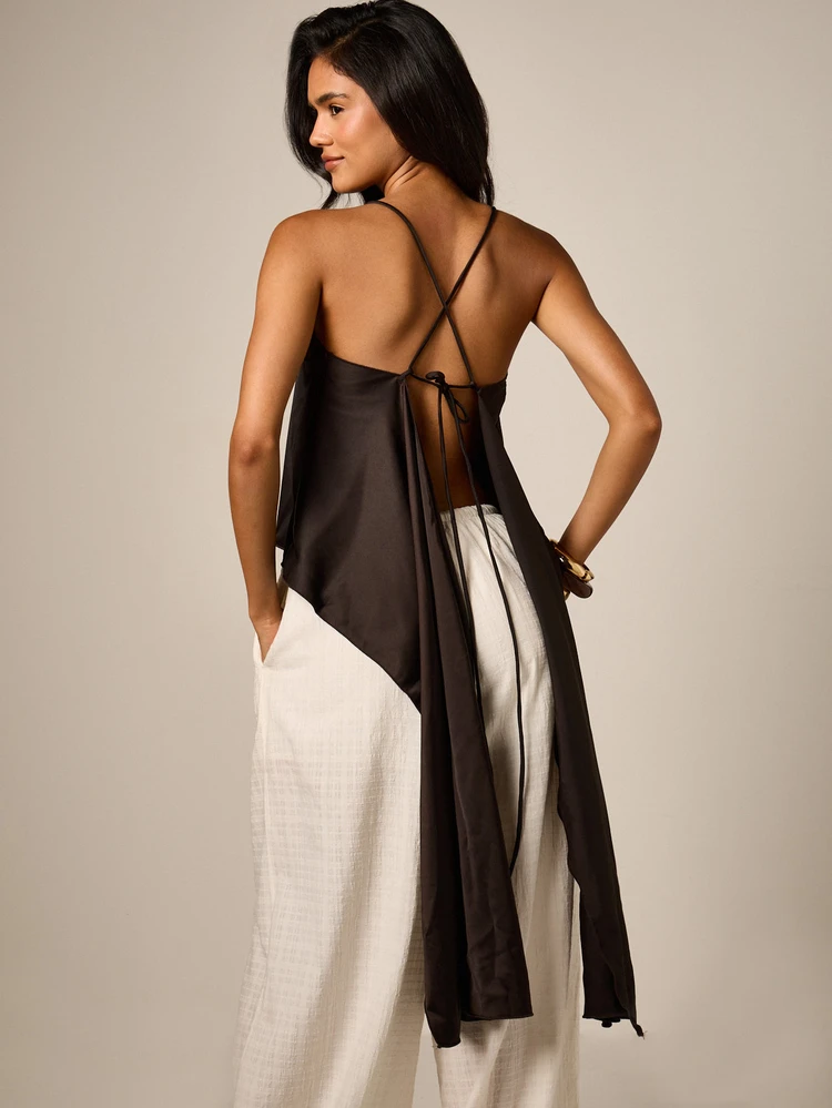 Satin Cami Top With Lace Trim And Drape Back