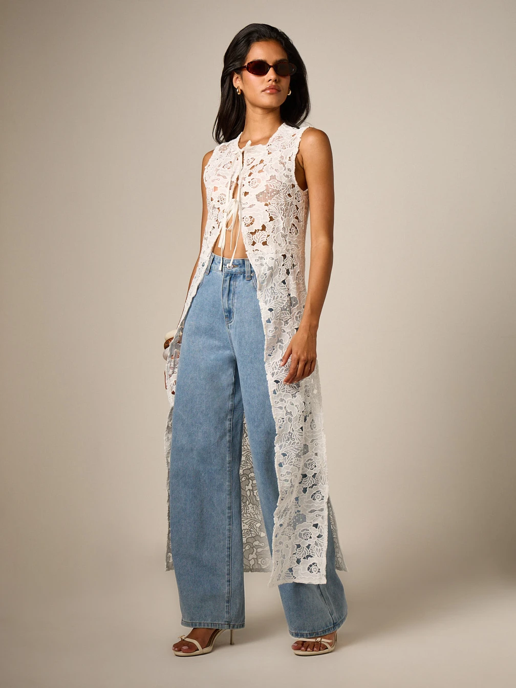 AiiRZ Floral Lace Sleeveless Maxi Vest Jacket With Tie Front