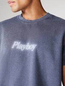 PLAYBOY X SUMWON Kaos Grafis Slim Fit dengan Logo Cetak di Dada, Kerah Bulat, Lengan Pendek, Kaos Kasual - Grey - View 5