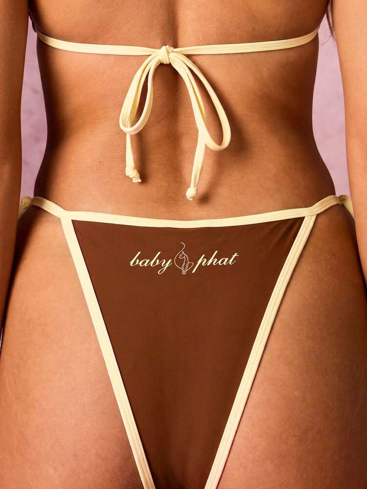 BABYPHAT Triangle Bikini Set With Contrast Ties Logo Print Halter Top And String Bottom Swimwear