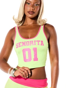 SUMWON WOMEN Senorita 01 Graphic Print Scoop Neck Contrast Binding Crop Tank Top For Summer Festivals - Green - View 4