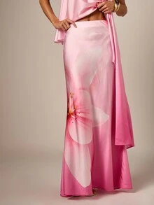 AiiRZ 渐变芙蓉花印花缎面A字型侧开衩夏季礼服长裙 - 粉色 - 查看 4