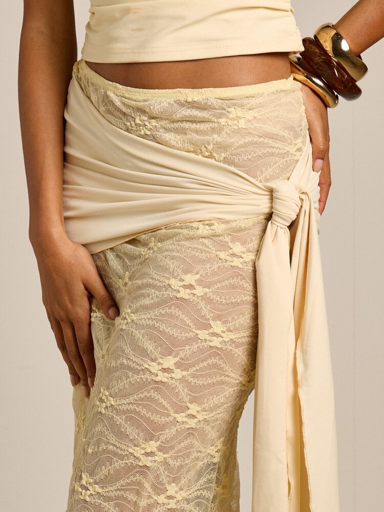 Lace Mix Maxi Skirt With Tie Detail