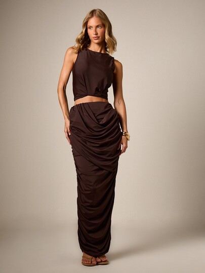 AiiRZ Draped Ruched Maxi Skirt With Gathered Detail High Rise Floor Length Elegant Evening Party Skirt