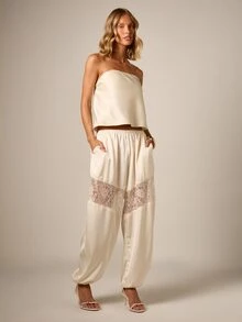 AiiRZ Lace Panel Satin Balloon Leg Trousers Elastic Waist Wide Leg Pants Floral Lace Insert Summer Evening - Apricot - View 5