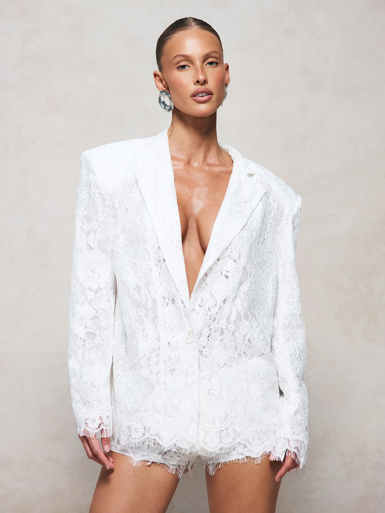 KIZN Oversized Lace Blazer With Deep V-Neck
