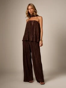 AiiRZ Plisse Bandeau Strapless Top And Wide Leg Trouser Co-Ord Set With Neck Scarf Detail - Brown - View 4