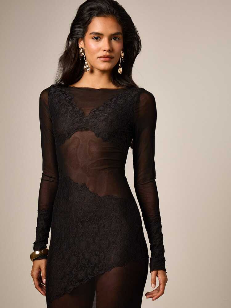 Sheer Mesh Mermaid Maxi Dress With Lace Panels
