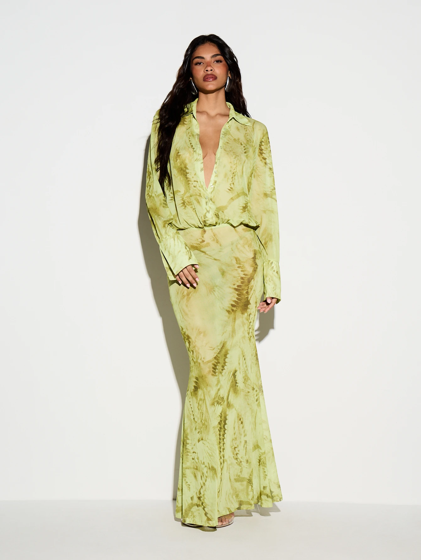 Abstract Printed Button Front Maxi Shirt Dress