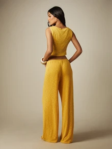 MISSGUIDED 无袖露脐上衣和阔腿裤针织套装，夏季休闲两件套 - 黃色 - 查看 3