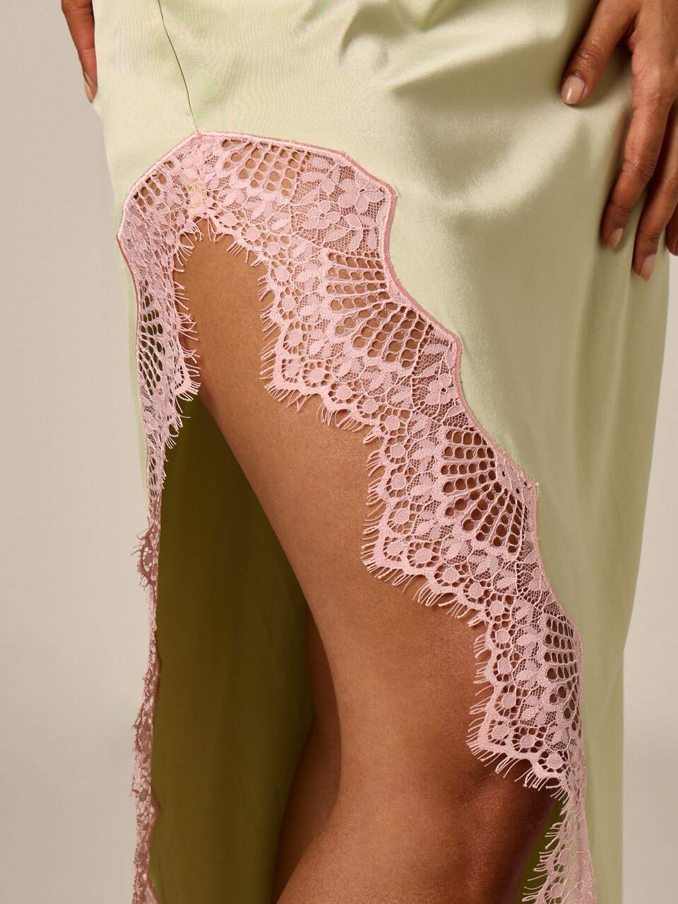 One-Shoulder Satin Maxi Dress With Lace Trim