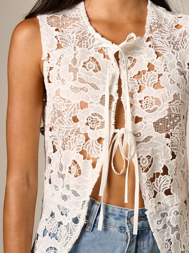 Floral Lace Sleeveless Duster Vest With Tie Detail