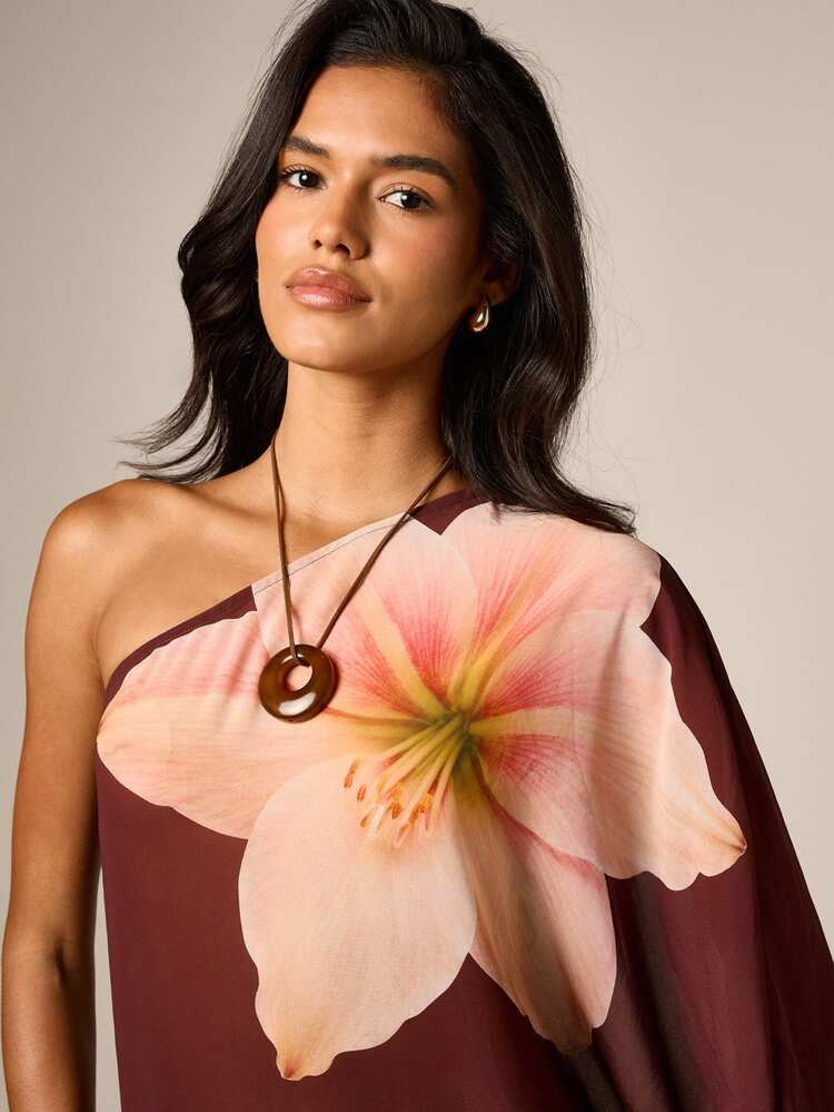 One-Shoulder Chiffon Maxi Dress With Floral Print