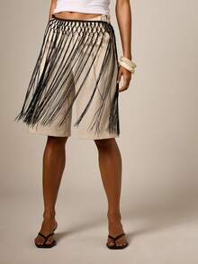 AiiRZ Linen Feel -Effect Bermuda Shorts With Macrame Braided Fringe Belt Overlay, Summer Festival Style - Apricot - View 5