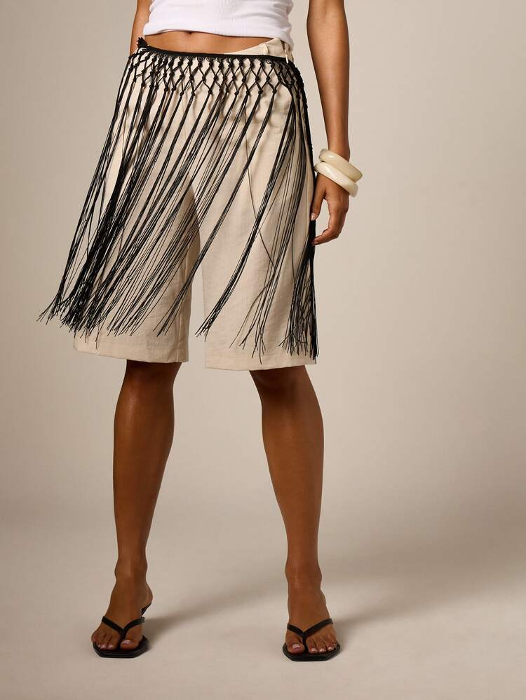 Linen Feel -Effect Shorts With Braided Fringe Belt