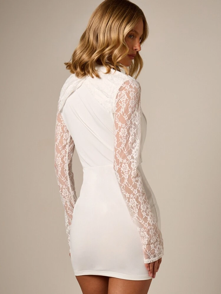 Cross Front Lace Mini Dress With Long Sleeves