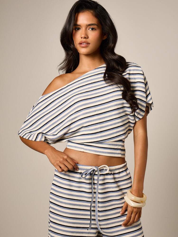 Off-Shoulder Striped Crop Top And Wide Leg Trouser Set
