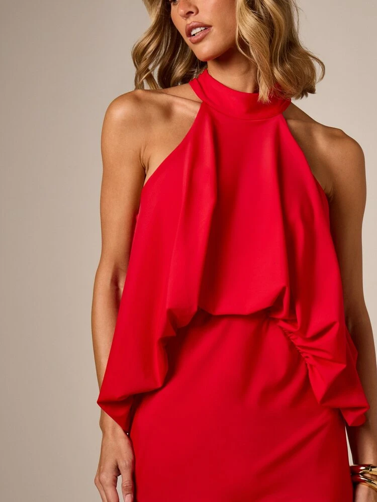 Halter Neck Draped Overlay Maxi Dress With Ruched Side