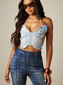 MISSGUIDED Áo croptop denim cổ yếm đính bướm, chi tiết tua rua, buộc dây phía sau, cổ áo hình trái tim, thích hợp cho mùa hè đi dự lễ hội. - Màu xanh lam - Xem 5