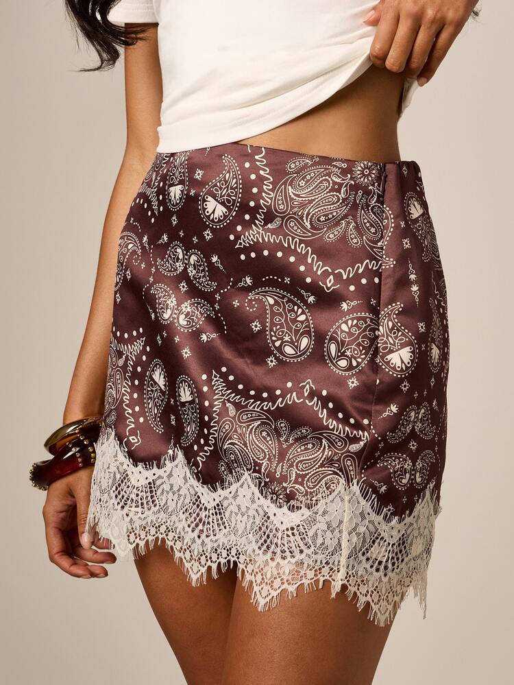 Paisley Print Mini Skirt With Lace Trim Hem