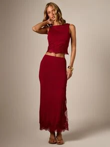 AiiRZ Jupe maxi élégante de soirée avec détail de dentelle, fente latérale, coupe moulante en jersey extensible - Rouge - Voir 1